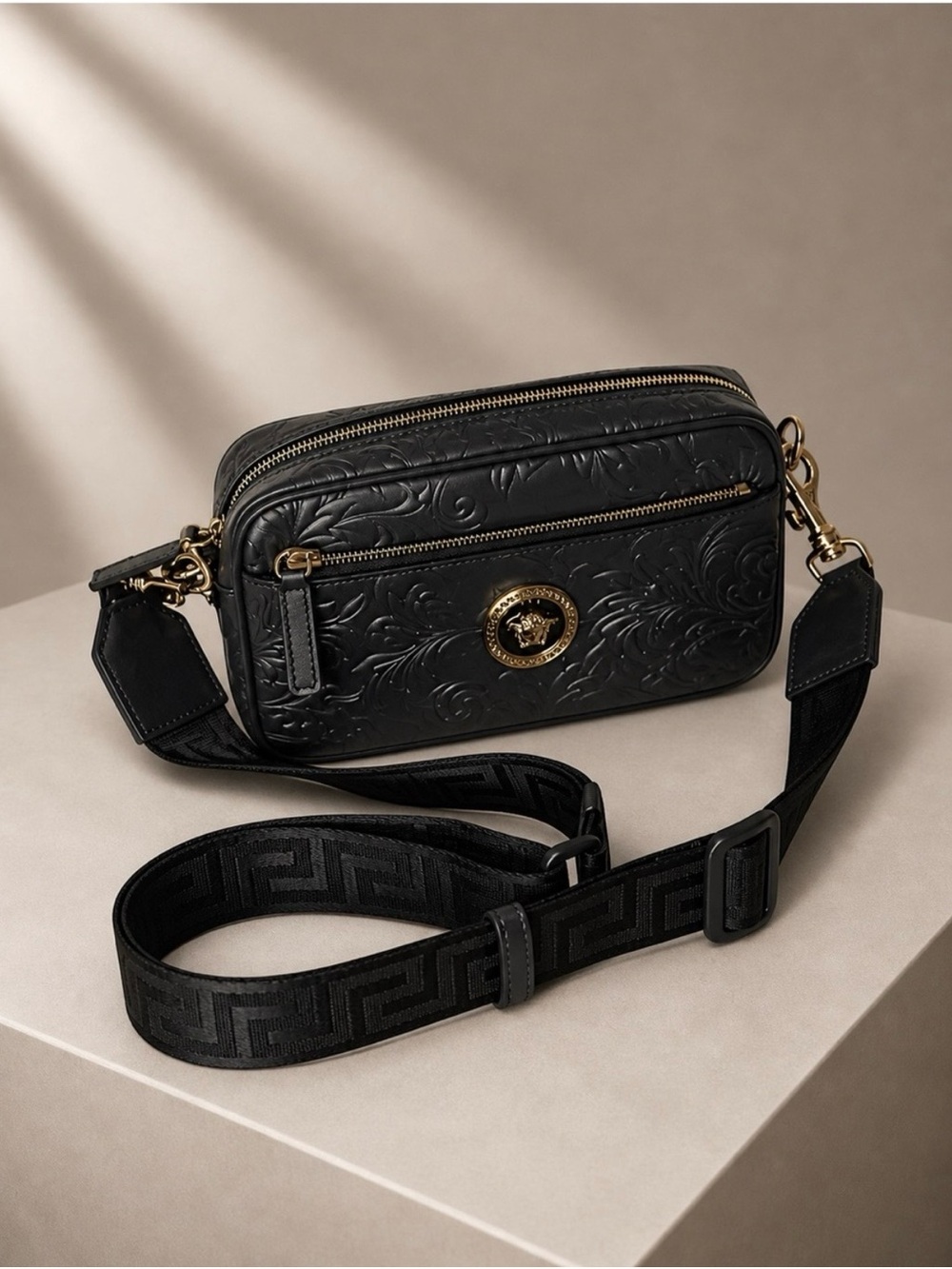 Versace Black Embossed Leather Crossbody with Gold Medusa Emblem - Picture 3 of 14